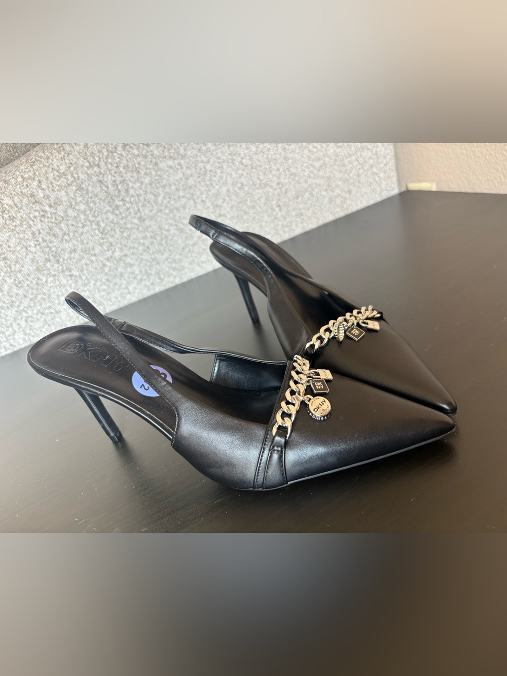 DKNY Black Pointed Slingback Heels with Chain Charm Accents